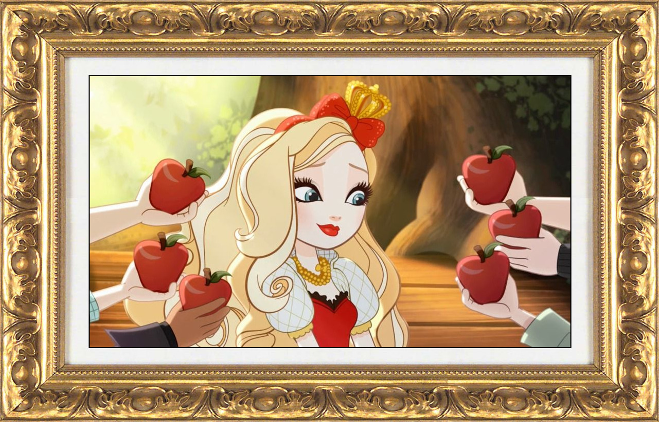 a screenshot of Apple White surrounded bu hands giving her apples in a photorealistic gold frame
