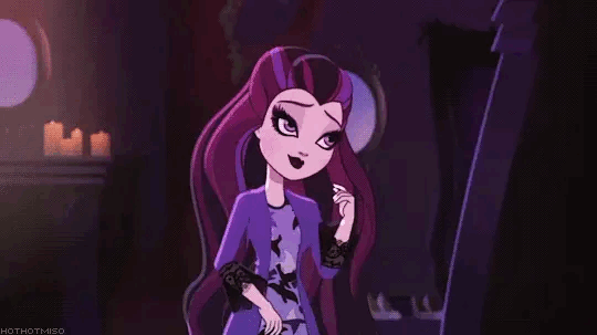 A gif of Raven Queen snapping before ravens come down and put her headphones on and give her her music player