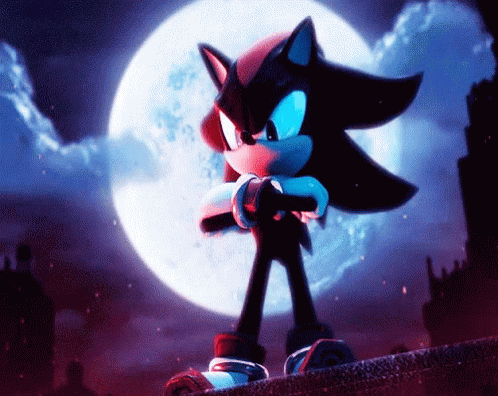 a gif of Shadow the Hedgehog with the moon behind him and his arms crossed before he looks up and teleports / chaos controls away